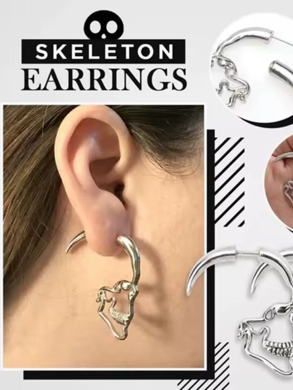 Silver Tone Skull Hoop Earrings Gothic Punk Skeleton Statement Jewelry